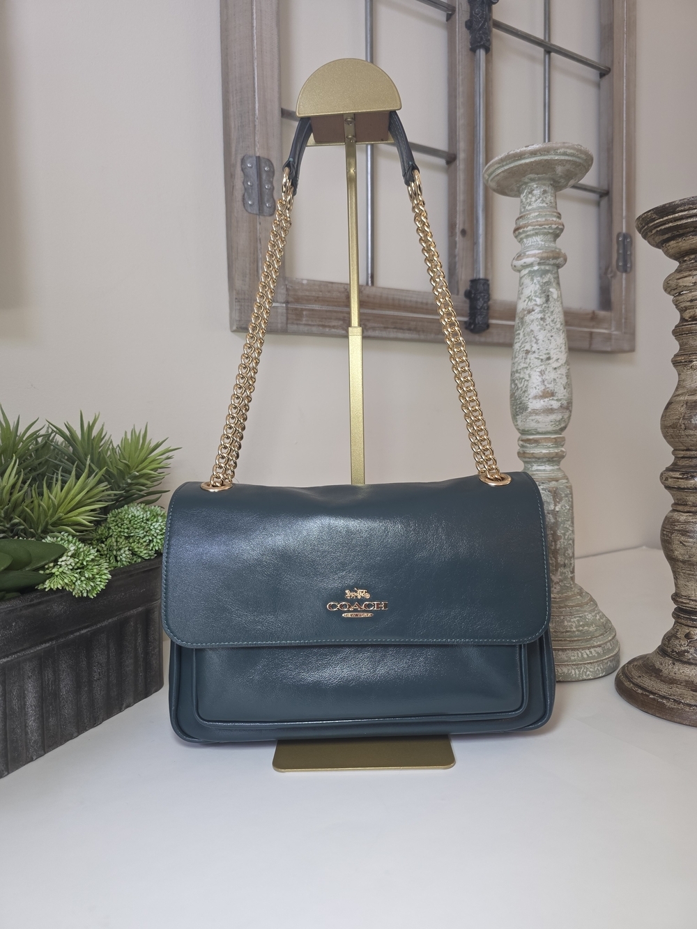 Coach Elodie Dark Teal Smooth Leather Crossbody/Shoulder Bag Gold Chain NWT - Picture 2 of 15